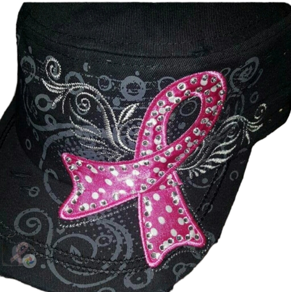 💕HP💕NEW Black Distressed/Bling Breast Cancer Ribbon Hat💕 - Picture 2 of 6